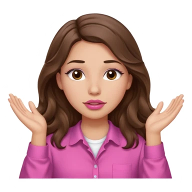 girl with long wavy brown hair, brown eyes, light to medium complexion, in a pink shirt, pink lips, long lashes, puckered lips, both hands all the way up for worship sticker