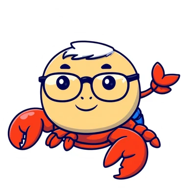 senior lobster with white hair and glasses, elderly lobster character with white eyebrows and whiskers, wearing round glasses sticker