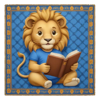 Happy lion reading  on a carpet with blue shirt on sticker