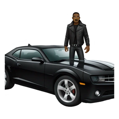 Black Camaro with a man leaning on it wearing black clothes with a black leather jacket and combat boots. sticker