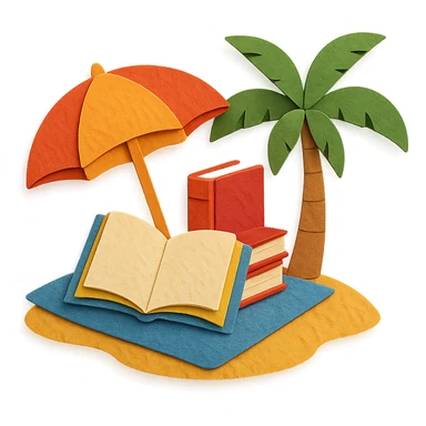 cozy beach reading nook with books, umbrella, and palm tree, layered paper effect, paper-craft style sticker