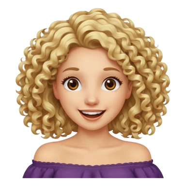 happy excited woman with curly long blond hair, brown eyes, wearing an off-shoulder top,  sticker