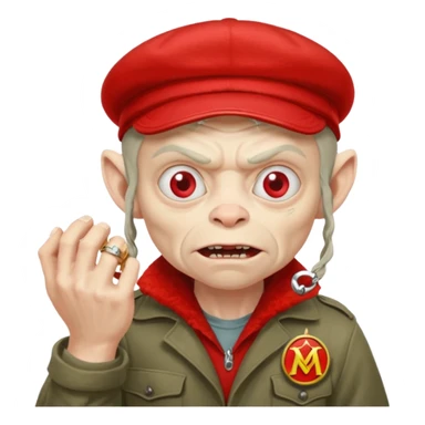 Голлум в красной шапке ушанке (на которой нарисован герб СССР)  и костюме работника метро с буквой "М" держит в руках 2 кольца и злится sticker
