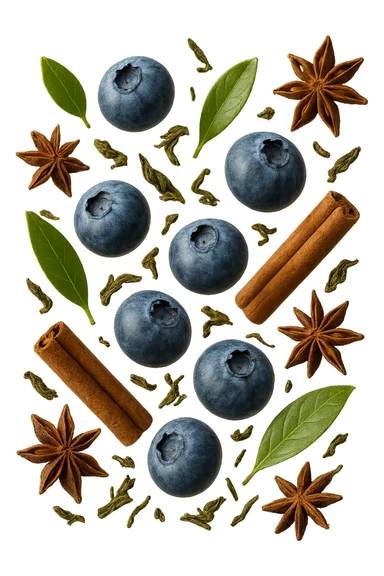 mirtilli, thè verde, spezie, fluttuano in aria, iperrealistico 4k sticker