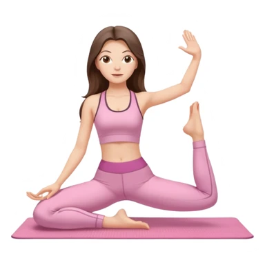 white brunette girl long hair with hazel eyes in light pink workout clothes stretching on a yoga mat sticker