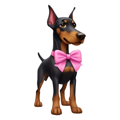 Doberman dressed in pink with a bow sticker