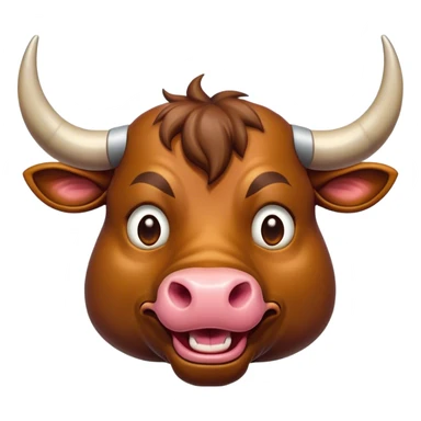 Cinematic Comical Domestic Bull Portrait Emoji, Head tilted dramatically with an exaggeratedly amused expression, featuring a striking, glossy coat with boldly defined horns and wide, expressive eyes brimming with playful disbelief, Simplified yet hilariously expressive features, highly detailed, glowing with a slightly sassy, earthy glow, high shine, dramatic yet playful, stylized with an air of cheeky rural mischief, soft glowing outline, capturing the essence of a spirited and over-the-top domestic bull that looks ready to charge its way into internet fame instantly! sticker