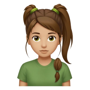 Make a zumba coach emoji, brown eyes, brown hair girl, green shirt with the "the roots" on it, longer pony tail hair sticker