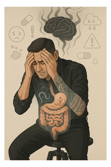 a person sits with a troubled expression, holding their head in their hands. A transparent overlay on their body reveals stylized images of parasites in the digestive tract, while faint, shadowy tendrils extend upward toward the brain, symbolizing the psychological impact. The background is clinical and educational, with subtle icons representing both physical and mental symptoms. sticker