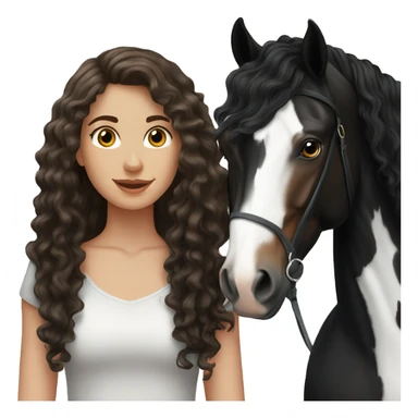 White girl, long brunette  curly hair, next to a black spanish horse sticker