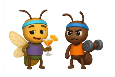 EMOJI STILE IPHONE 3D DI UNA CICALA E UNA FORMICA IN ABITI FITNESS, LA CICALA HA IN MANO UN COCKTAIL MENTRE LA FORMICA HA IN MANO UN MANUBRIO DA PALESTRA. L'IMMAGINE RAPPRESENTA IL FATTO CHE LA FORMICA VOGLIA IMPEGNARSI REALMENTE PER CAMBIARE IL SUO FISICO MENTRE LA CICALA SI VUOLE DIVERTIRE E NON CONCLUDE NULLA ALLA FINE sticker