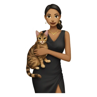 Beautiful skinny woman long dark brown hair in dark dress with gold earrings hug bengal cat sticker