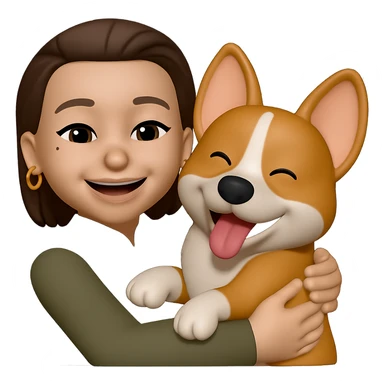 add golden ring earrings to her ears while she is hugging a corgi dog, keep the same style sticker