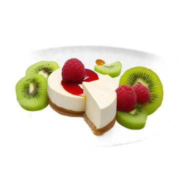 three cheesecakes with sour cream on top, raspberry jam and kiwi slices in a white plate sticker