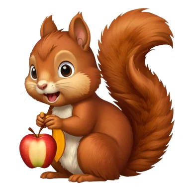red squirrel happily gnawing a nut, fluffy fur, apple emoji style sticker
