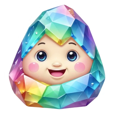 A single pastel rainbow crystal baby rock character, chubby and heavy with a chunky, irregular polygon shape,covered in faceted crystal planes and small chips, big glossy rainbow eyes and a small smiling mout sticker