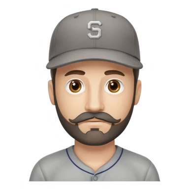 white male with dark brown goatee beard and moustache with grey tones wearing a grey baseball cap back to front with hazel eyes sticker