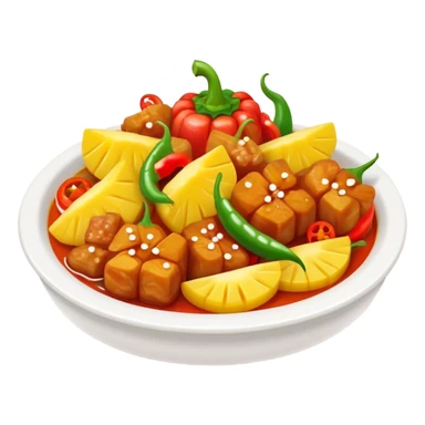 Sweet and Sour Pork with pineapple and bell peppers, simplified emoji style with bold outlines and bright colors, cartoon style Gu Lao Rou popular dish sticker