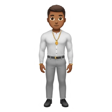 Handsome Black guy with brown skin tone, with lean muscular build, wearing gray slacks, a long sleeved white button up top, black shoes, and a small gold chain sticker