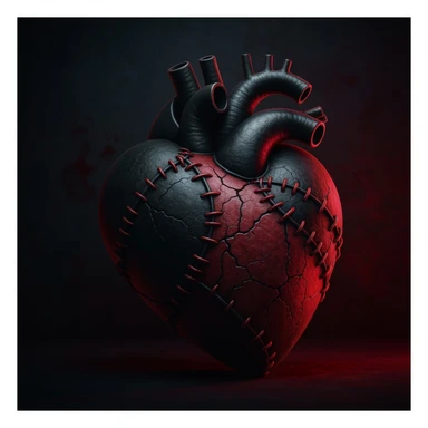 emo heart, black and deep red, stitched, broken or cracked, moody atmosphere sticker