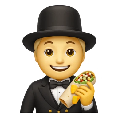 Generic classic yellow basic emoji face with a black top hat eating a burrito sticker