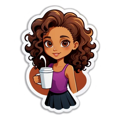 Girl with tan skin and curly hair drinking coffe  sticker