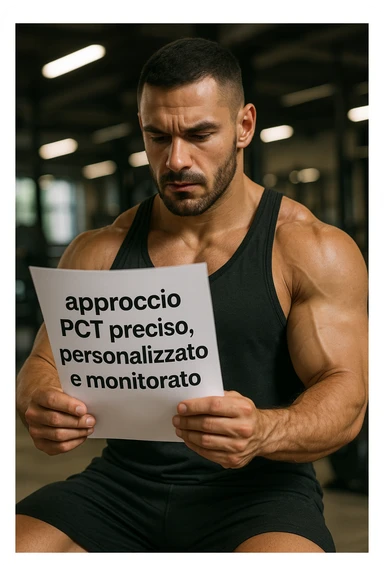 BODYBUILDER CHE LEGGE UN FOGLIO CON LA SCRITTA "approccio PCT preciso, personalizzato
e monitorato" sticker