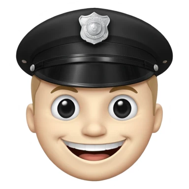 Black-and-white line drawing of a cartoon face with a round head, large round eyes, and a wide toothy grin showing a big happy smile. He is a police officer stopping you. Plain white background, simple and playful style. sticker
