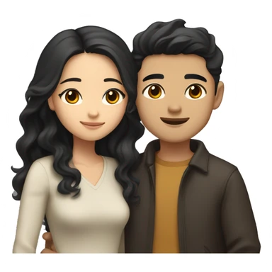 A half pale Asian man with short dark hair and amber eyes embracing and loving a half Asian woman with long wavy dark hair and dark hazel eyes. They love each other a lot And have good fashion taste. And are having a lot of fun sticker