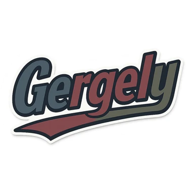 Text image of the name 'Gergely' in a masculine, modern font with gradient style, precise Hungarian characters, dark contour, prominent and clearly visible white border like the uploaded sample, dynamic slanted underline, masculine color shades including blue, gray, burgundy, green, and brown, 1000x1000 px, PNG, transparent background. sticker