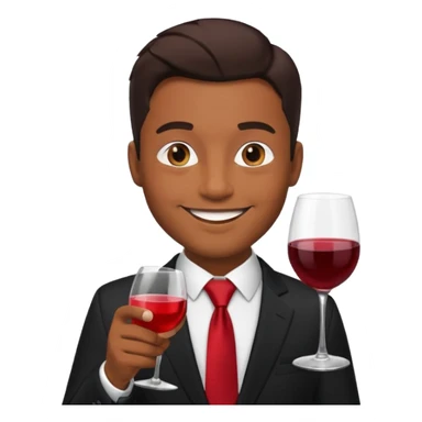 Man with black suit and red tie, brown skin, handsome, drinking wine with a happy face sticker