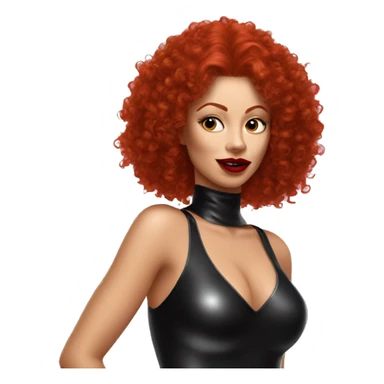 woman in redheads curly hairs wear latex catsuit and hold red lipstick sticker