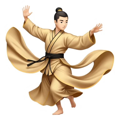 Emblem symbolizing Wushu martial arts. A graceful martial artist performs a dynamic kung fu pose, with flowing movements and a long, elegant robe. The background features stylized clouds and traditional Chinese symbols, representing fluidity, balance, and precision. Transparent background. sticker