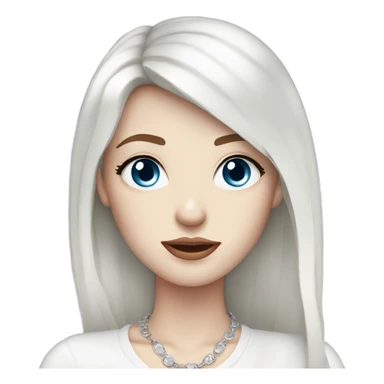 woman with pale skin, blue eyes and long dark red hair with layers and fringe bangs, wearing a white top and silver jewellery sticker