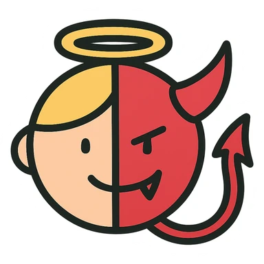 half animated face of an angel and half animated face of a devil, clean and simple, suitable for an icon sticker