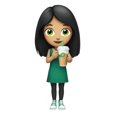 Girl with long black hair green eyes drinking an ice coffee  sticker