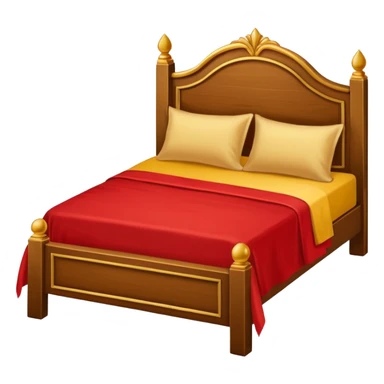 bed with red and gold sheets, wooden sticker