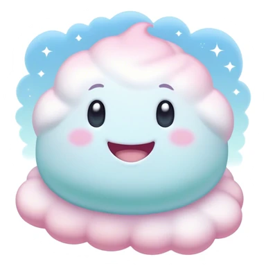 Cinematic fluffy pastel marshmallow character, soft round edges, tiny sparkly eyes, a small happy smile, glowing warmly, floating in a dreamy soft sky. sticker