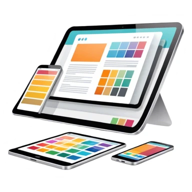 Modern icon for Web Design: a computer and smartphone or tablet screen displaying a website layout, HTML code, and design tools like a stilus and color palette. Transparent background. sticker