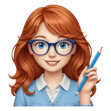 redheaded woman with very long wavy hair and bangs, blue eyes, clear cat-eye glasses, casual chic outfit, holding a pencil, smiling, waving sticker