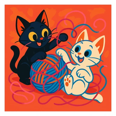 two mischievous kittens tangled in a ball of yarn, one black and one white, lively and colorful style sticker