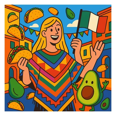 cartoon of a tall blonde woman smiling wearing a colorful poncho holding a taco and an avocado waving a Mexico flag surrounded by tacos and avocados on a lively street background with bright and bold colors sticker