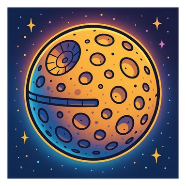cartoonish Star Wars moon with craters and a faint Death Star trench, glowing softly, vibrant and playful sticker