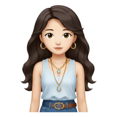 Stylish South Korean girl with long wavy dark hair, wearing a white textured sleeveless top, blue jeans, and a brown belt — soft lighting, cozy indoor vibe, a small, moonstone pendant necklace with a dainty gold chain adds a delicate touch sticker