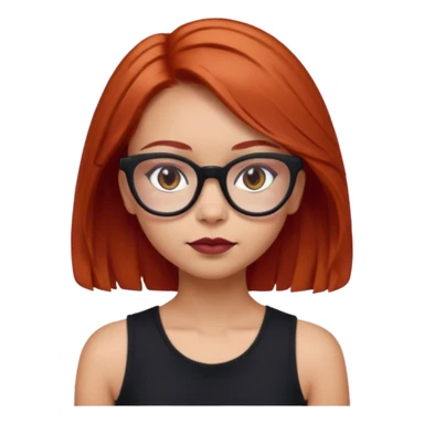 iPhone emoji of a girl with light red hair, shoulder-length hair, a small mole above her eyebrows, wearing a black sleeveless top, and subtle dark maroon cat-eye glasses. sticker