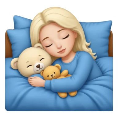 single-girl-in-Warm Cream-cozy-blue-bed-sleeping-pretty-eyelashes-light-skin-with toy sticker