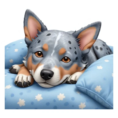 Meme-Worthy Cute Sleeping Blue Speckle Australian Cattle Dog Portrait Emoji, Head resting peacefully with a contented smile, showcasing a robust build and a luxuriously soft blue speckle Fur, eyes shut in a serene nap, Simplified yet hilariously adorable features, highly detailed, glowing with a soft, drowsy light, high shine, relaxed and utterly lovable, stylized with an air of playful laziness, bright and heartwarming, soft glowing outline, capturing the essence of a comically sleepy herder, so meme-worthy it feels like it could instantly become the next viral sensation of adorable slumber! sticker