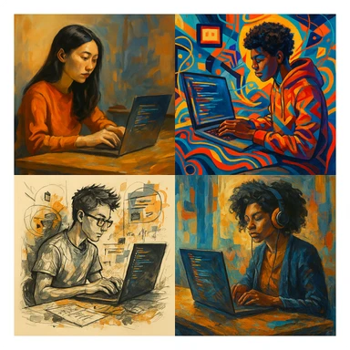 people coding on laptops, various art styles, diverse group, creative and dynamic scenes sticker