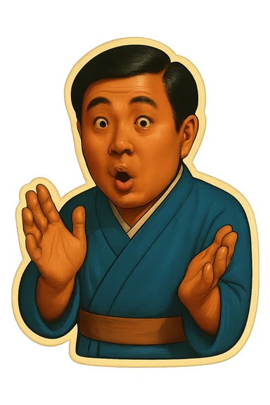The same Japanese man in traditional kimono looks at the viewer with a surprised look, and his hands are empty sticker