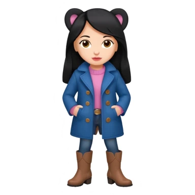 Gordita, ojos pequeños de color cafe oscuro, labios pequeños y rosados, piel trigueña, orejas pequeñas, cabello largo lazio y negro, pequeña. cuerpo completo. vestida con saco de lana jean color azul y botas color café. No le pongas orejas sticker